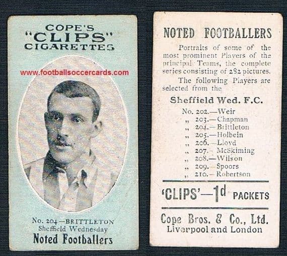 1910 Cope Brothers Noted Footballers 282 series Brittleton Sheffield Wednesday Stoke City 204