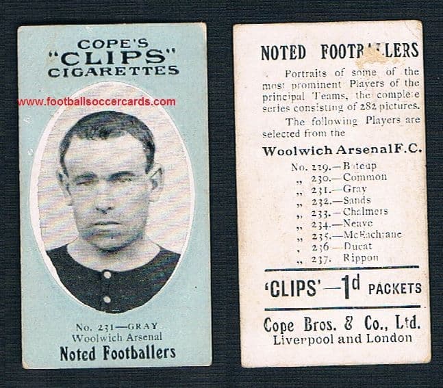 1910 Cope Brothers Noted Footballers 282 series Gray Woolwich Arsenal 231