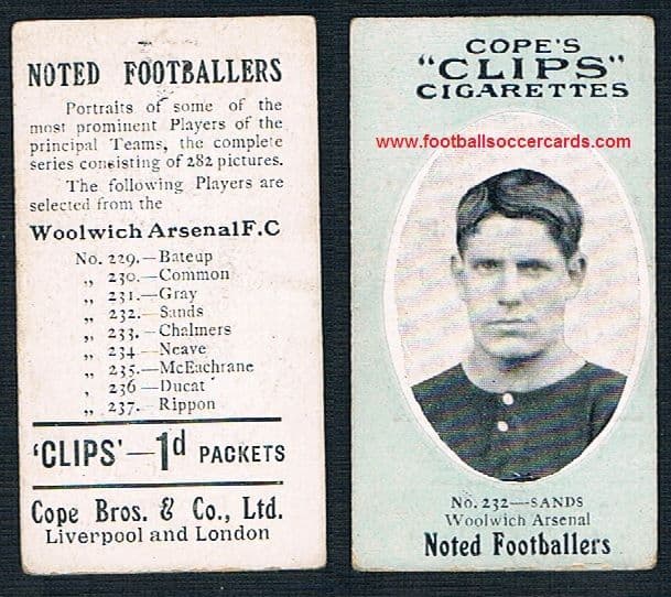1910 Cope Brothers Noted Footballers 282 series Sands Woolwich Arsenal 232