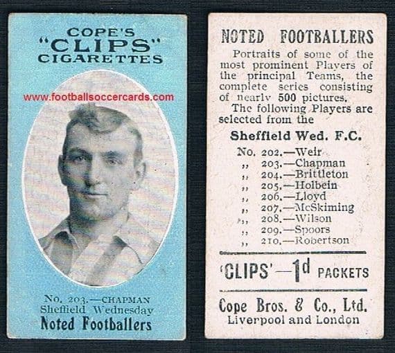 1910 Cope Brothers Noted Footballers 500 series Chapman Sheffield Wednesday 203