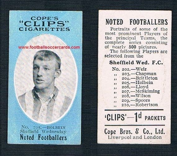 1910 Cope Brothers Noted Footballers 500 series Holbein Sheffield Wednesday 205