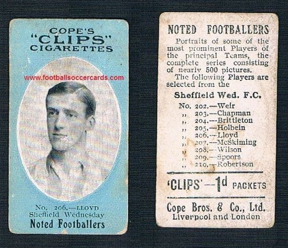 1910 Cope Brothers Noted Footballers 500 series Lloyd Sheffield Wednesday 206