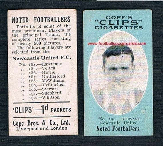 1910 Cope Brothers Noted Footballers 500 series Newcastle United #190 Stewart