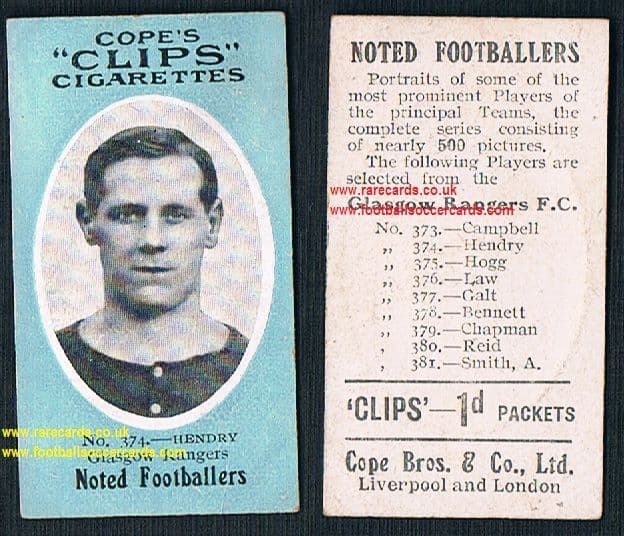 1910 Glasgow Rangers 374 Hendry Cope Clips cigarettes noted footballers