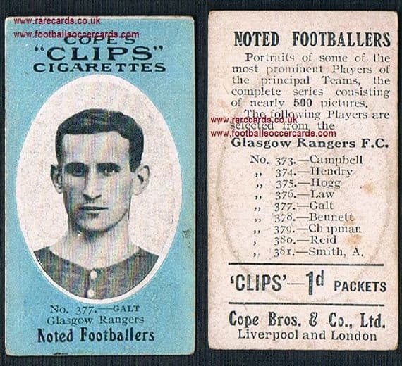 1910 Glasgow Rangers 377 Galt Cope Clips cigarettes noted footballers