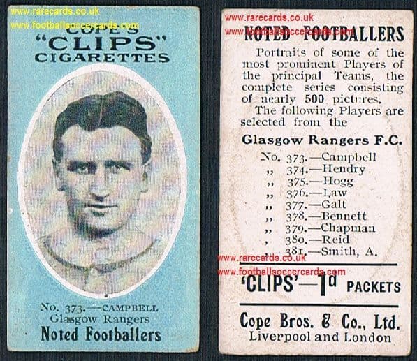 1910 Glasgow Rangers Campbell 373 Cope Clips cigarettes noted footballers