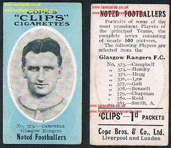 1910 Glasgow Rangers Campbell 373 Cope Clips cigarettes noted footballers