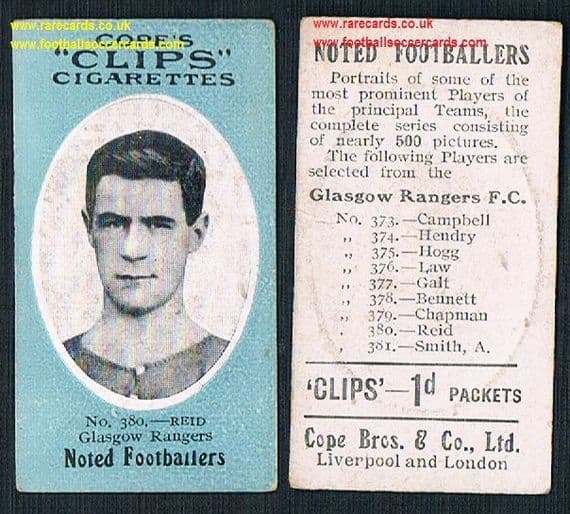 1910 Glasgow Rangers Reid 380 Cope Clips cigarettes noted footballers
