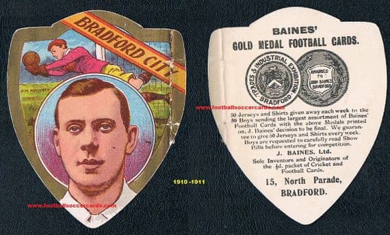 1910 Harry Mart Maskrey Bradford City Derby County goalie Baines Ltd card