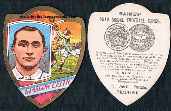 1910 Jimmy Hay of Scotland and Glasgow Celtic on a Baines card, also Newcastle United & Ayr