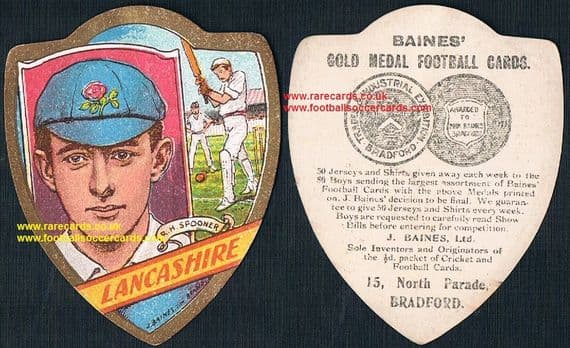 1910 Reggie Spooner England & Lancashire legendary batsman Baines cricket card