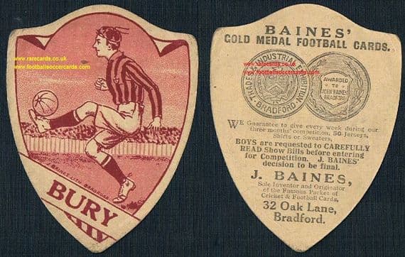 1910s Bury F.C. J.Baines shield-shaped card clean back