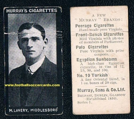 1912 Wm Lavery N. Ireland MIddlesbrough Belfast Celtic Preston West Ham Murray's series J card