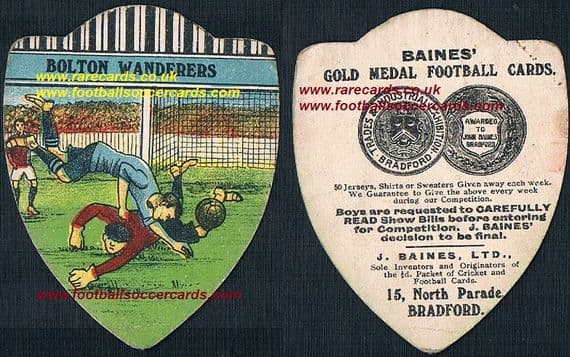 1914 Bolton Wanderers shield-shaped Baines football card
