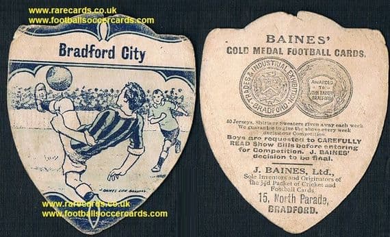 1914 Bradford City football card in blue WW1 Baines Ltd card