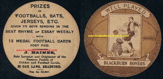1918 Blackburn Rovers Baines of Bradford circular ball card