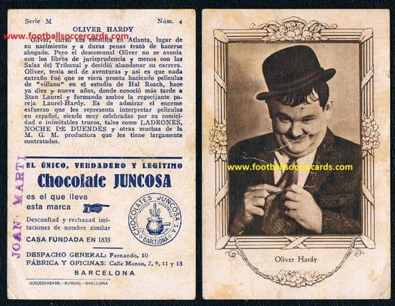 1920 's Oliver Hardy M4 Stan Ollie an exceptional Juncosa chox trade card from Spain, GUM CARD SIZE