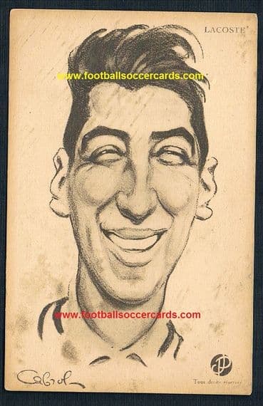 1920's Rene Lacoste tennis postcard by J.P. PUBLICATIONS illustrated by Raoul Cabrol of 'Rire'