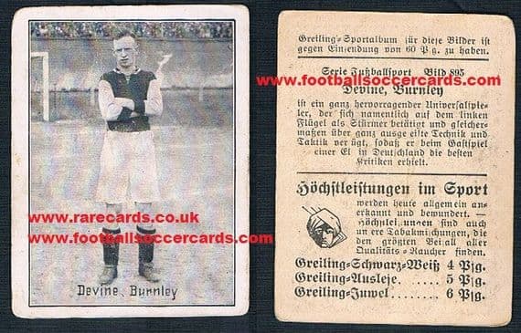 1920s Greiling German card of Joe Devine Burnley Newcastle Sunderland QPR B'ham