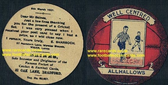 1921 Baines Halloween football card All Hallows F.C. Farnham Dublin