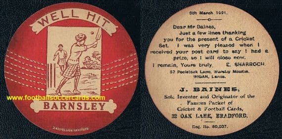 1921 Baines woman cricketer cricket ball card for Barnsley CC