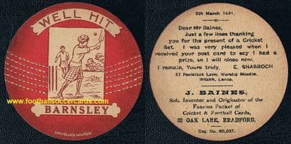 1921 Baines woman cricketer cricket ball card for Barnsley CC