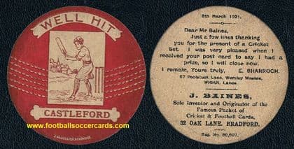 1921 Baines woman cricketer cricket ball card for Castleford CC