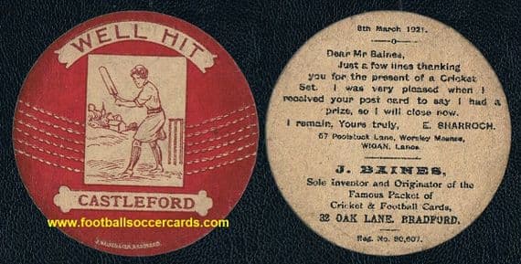1921 Baines woman cricketer cricket ball card for Castleford CC