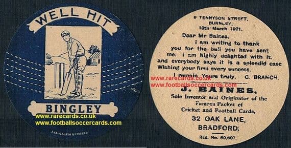 1921 Bingley Burnley letter back cricket ball Baines sports card