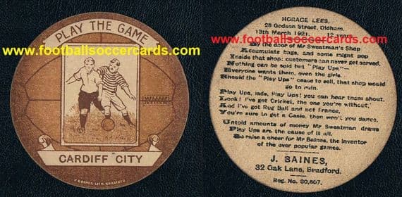 1921 Cardiff City J.Baines dated-rear brown-colour variety ball-shaped soccer trade card