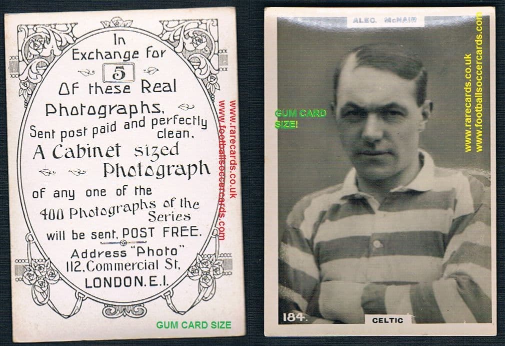 pinnace cigarette cards 1921 Gum card size Pinnace tobacco card Alec McNair Celtic 184