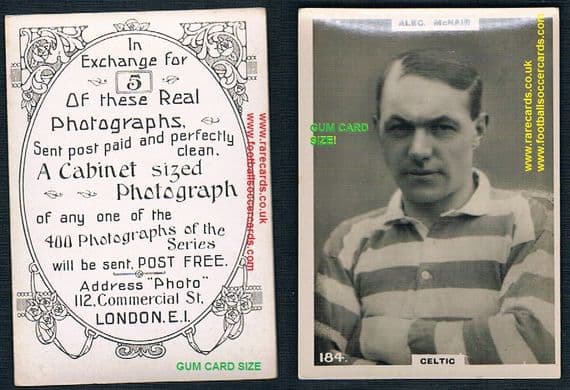 1921 Gum card size Pinnace tobacco card Alec McNair Celtic 184