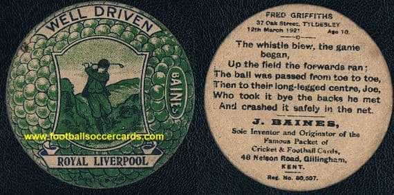 1921 J Baines golfball card Royal Liverpool Golf Club Hoylake, Wirral Original not later Baines Ltd