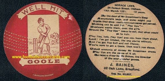1921 Women's cricket club Goole J. Baines ladies sport early girls games trade card