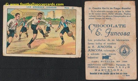 1922 -23 Juncosa chox card of SK Bohemia Karlin of Czechia TJ Čechie Dubeč v Espanyol
