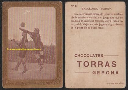 1922 -23 Torras Chocolates golden framed trade card of Barcelona v CD Europa, Alcantara?