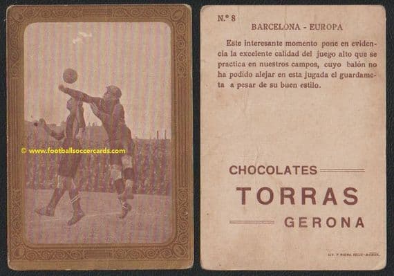 1922 -23 Torras Chocolates golden framed trade card of Barcelona v CD Europa, Alcantara?