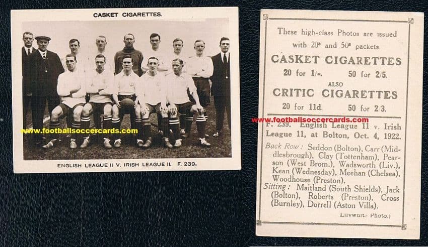 1922 England B F239 Casket Pattreiouex deluxe David Jack rookie card Chelsea Liverpool Burnley WBA