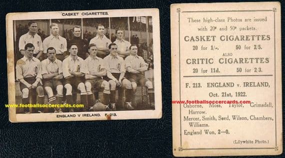 1922 England v Ireland f213 Casket Pattreiouex Chelsea Villa Liverpool Sheffield Utd Wednesday Spurs