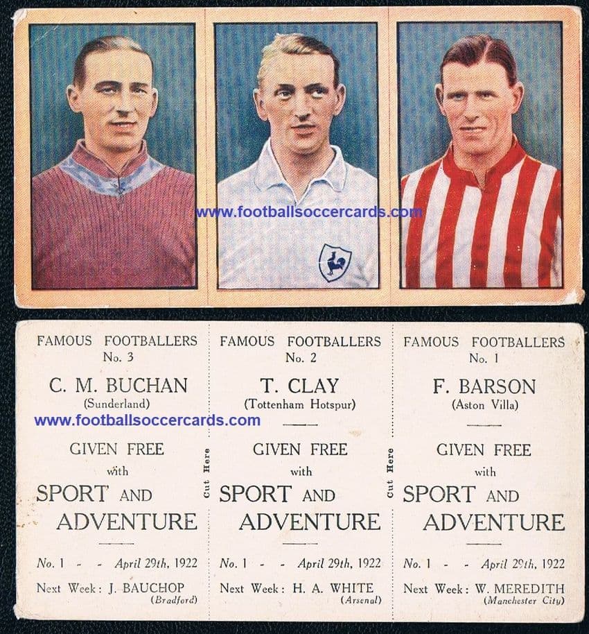 1922 Frank Barson Charlie Buchan and Clay of Spurs uncut triple Sport Adventure card