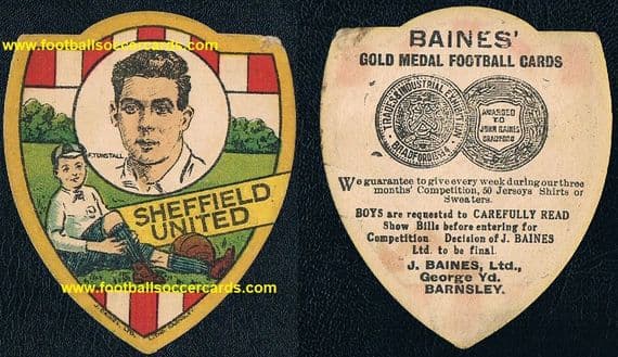 1922 Fred Tunstall Baines Ltd Sheffield United card, for SUFC 437 matches! England too.