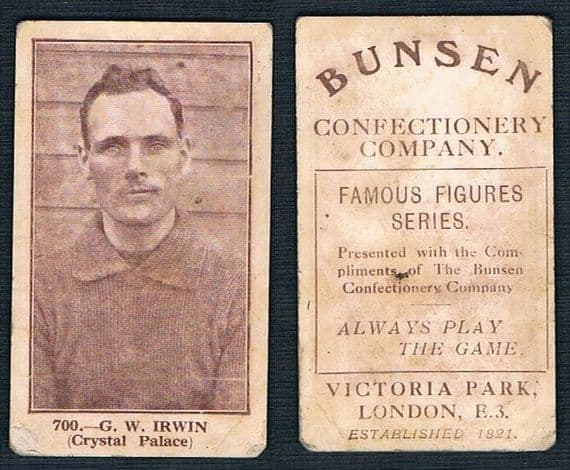 1922 G W Irwin Crystal Palace Bunsen sepia series 700 football card, a top rarity!