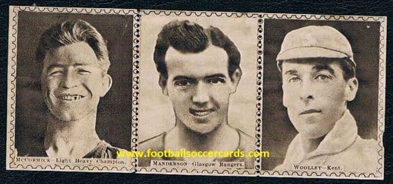 1922 Manderson Glasgow Rangers TRIPLE Sports Fun Wooley Kent CCC McCormick boxer