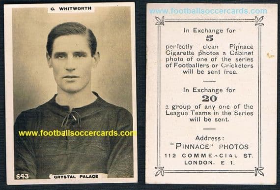 1922 Medium-size Pinnace card G. Whitworth Crystal Palace #643 double framelines back GUM CARD size