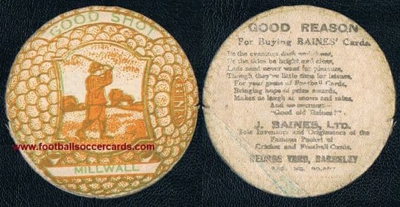 1922 Millwall FC on a golf card MISTAKE by Baines Ltd soccer club overprint yellow variety
