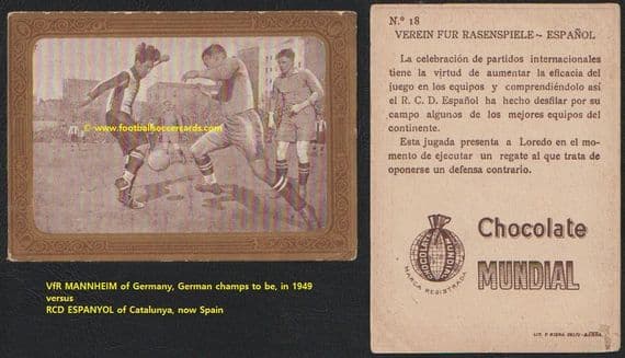 1922 Mundial Chox golden framed card VfR Mannheim v RDC Espanyol, with Loredo