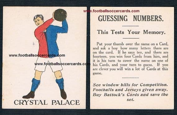1923 Battocks Crystal Palace LARGE LETTERING Guessing Numbers type back x.rare redemption card