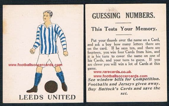 1923 Battocks Leeds United HEAVY LETTERING Guessing Numbers type back x.rare redemption card