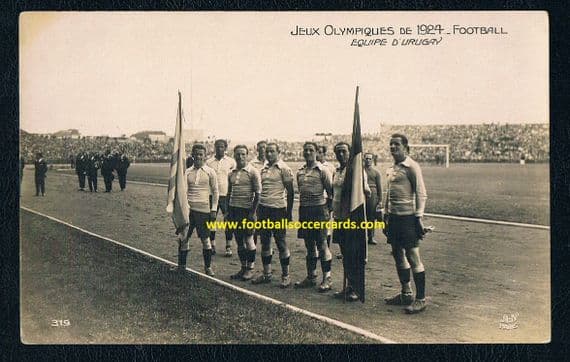 1924 A&N Andrade Nasazzi & Cea rookie card ORIGINAL Uruguay flags postcard from 1924 Paris Olympics