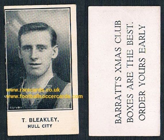 1925 Barratt & Co GLOSSY RARITY T. Bleakley Hull City footballer card Xmas Boxes back